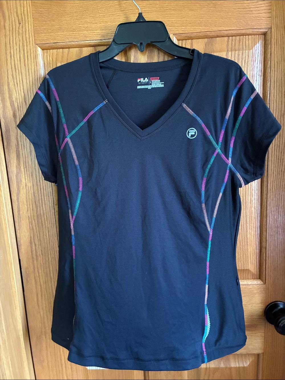 Fila Black V-Neck Short Sleeve Top with Multicolor Contrast Stitching